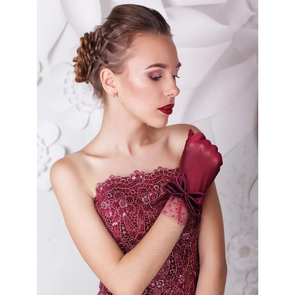 Women's Short Burgundy Bow Lace Gloves Party Elegant Opera Wedding Accessories